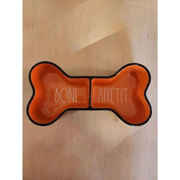 Rae Dunn BONE APPETIT black and orange bone shape Halloween pet dish - Picture 1 of 3